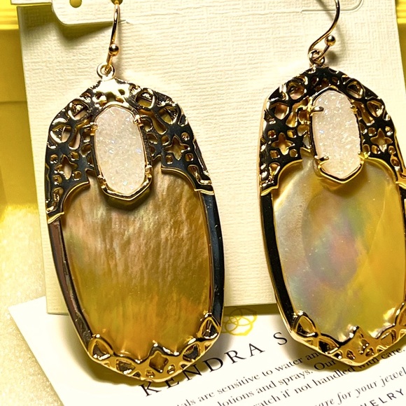 NWT Kendra Scott Deva Earrings Rose Gold Brown Pearl & Iridescent Drusy So RARE! - Picture 5 of 12